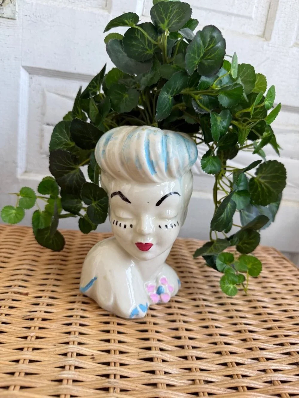 Vintage 1950s Glamour Girl Head Vase Planter With Ivy Faux Plant